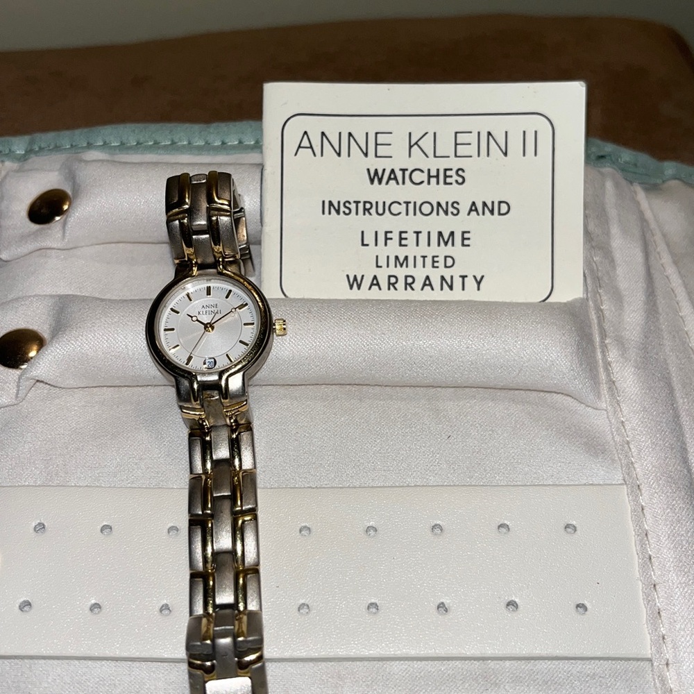 Vintage Anne Klein II Silver Watch 1998 w/ booklet. Date & time. EUC NEEDS BAT